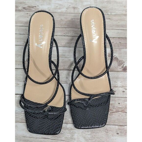 Viviany Womens Size 8 Black Leather Open Toe Slip On Slide Spool 3.5" Heels - Picture 2 of 9